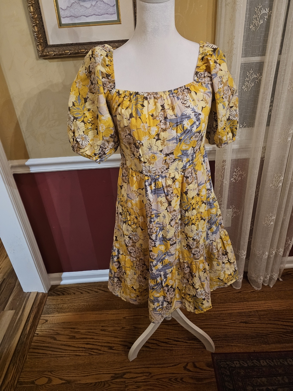 Yellow Floral Square-Neck Puff Sleeve Mini Dress